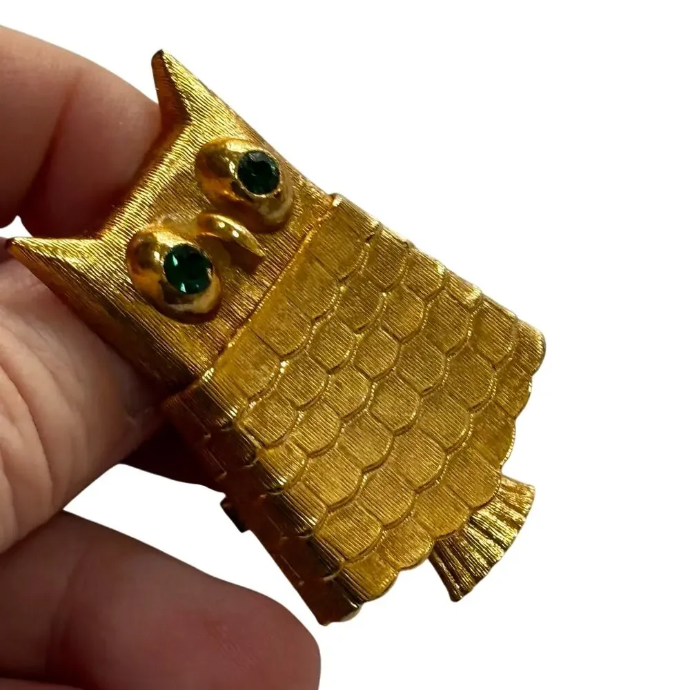 Vintage Avon Owl Perfume Brooch Locket Goldtone & green rhinestones